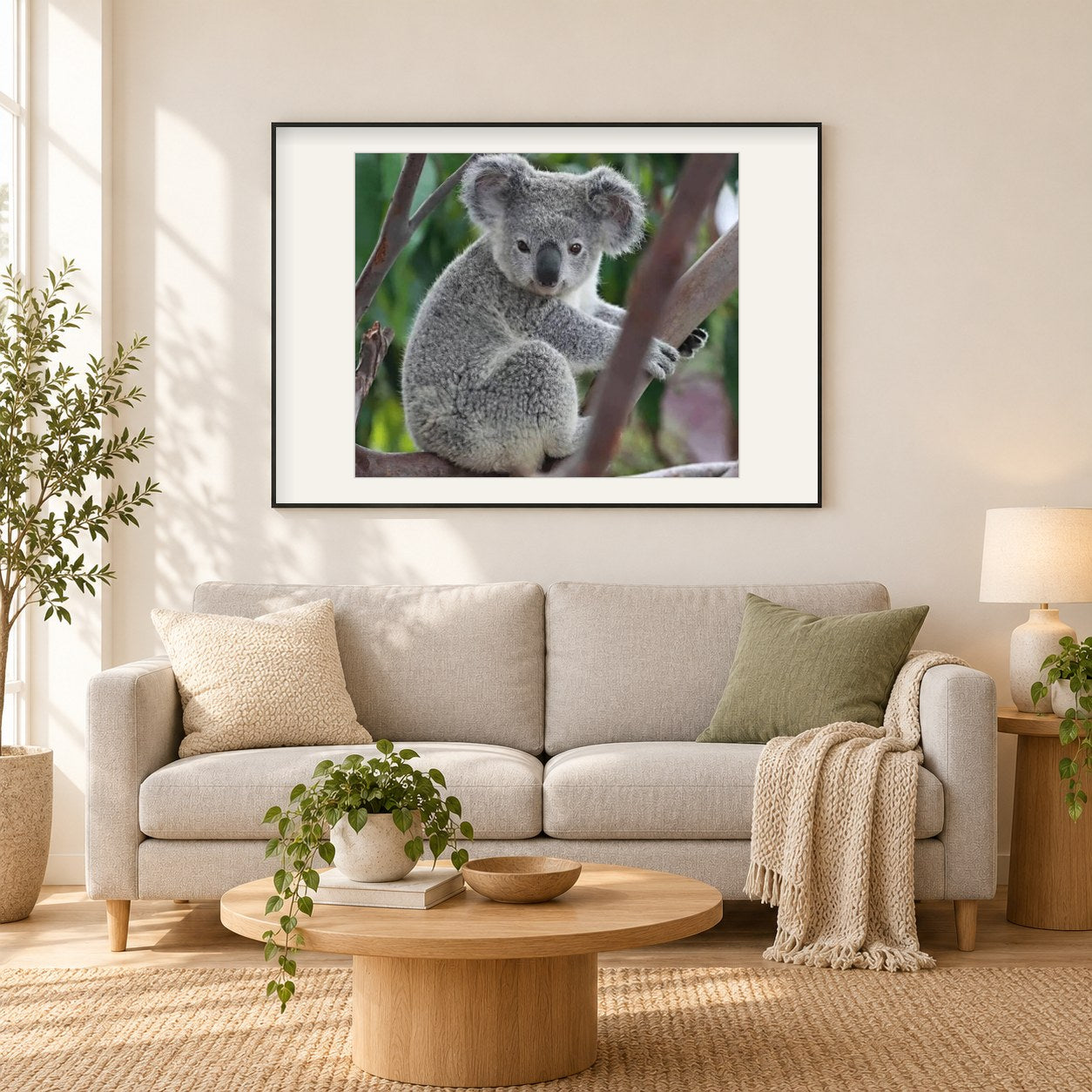 Grauer Koala als gerahmtes Diamond Painting im Wohnzimmer