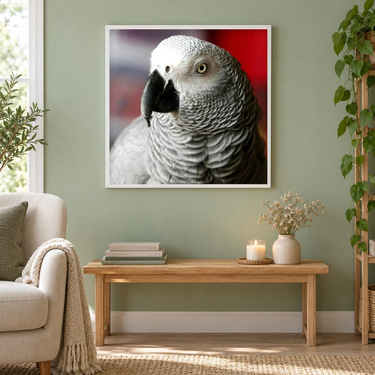 grauPapagei als gerahmtes Diamond Painting im Wohnzimmer