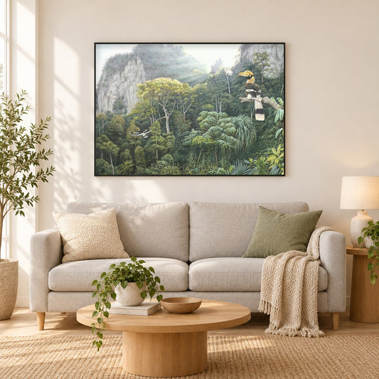 Große Nashornvögel - Kunst des Eric Wilson als gerahmtes Diamond Painting im Wohnzimmer