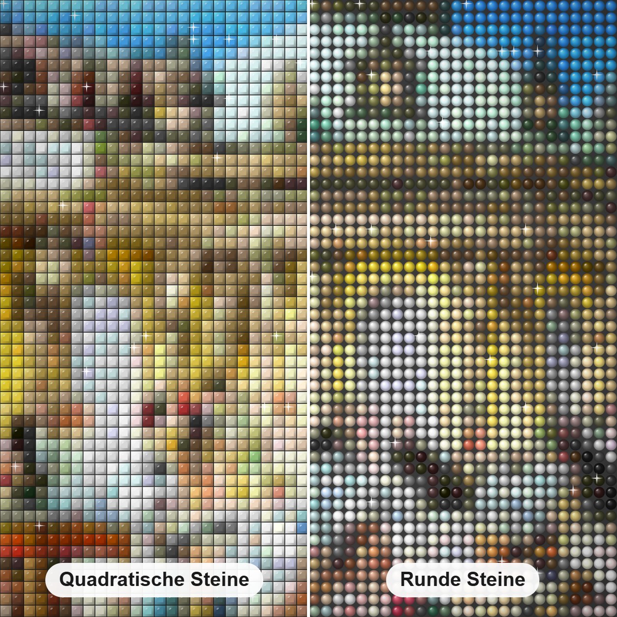Großer Maskenball - Kunst des Barbara Behr Diamond Painting Nahaufnahme mit quadratischen und runden Steinen