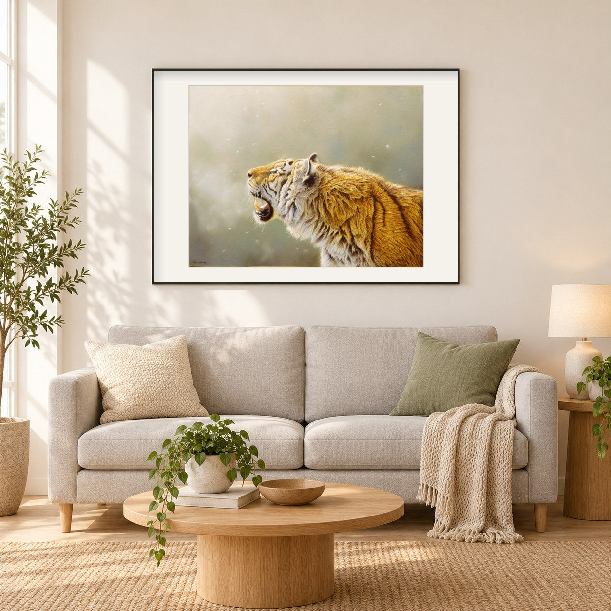 Grüße an den ersten Schnee des Winters -  Kunst des Eric Wilson als gerahmtes Diamond Painting im Wohnzimmer