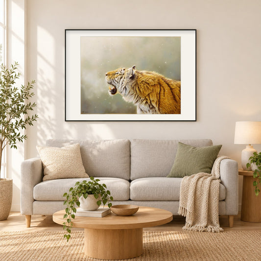 Grüße an den ersten Schnee des Winters -  Kunst des Eric Wilson als gerahmtes Diamond Painting im Wohnzimmer