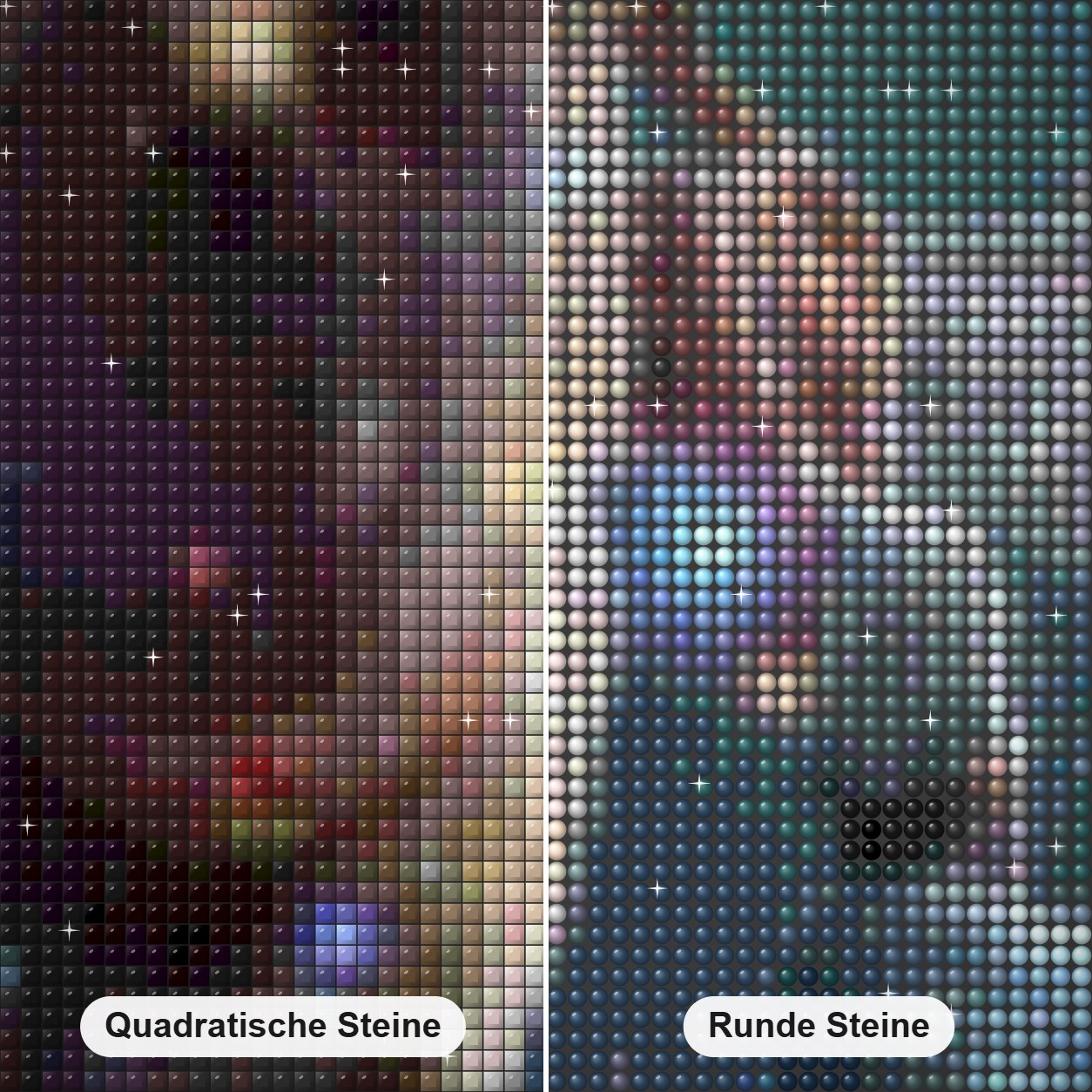 Großer Löwe & Mädchen Diamond Painting Nahaufnahme mit quadratischen und runden Steinen