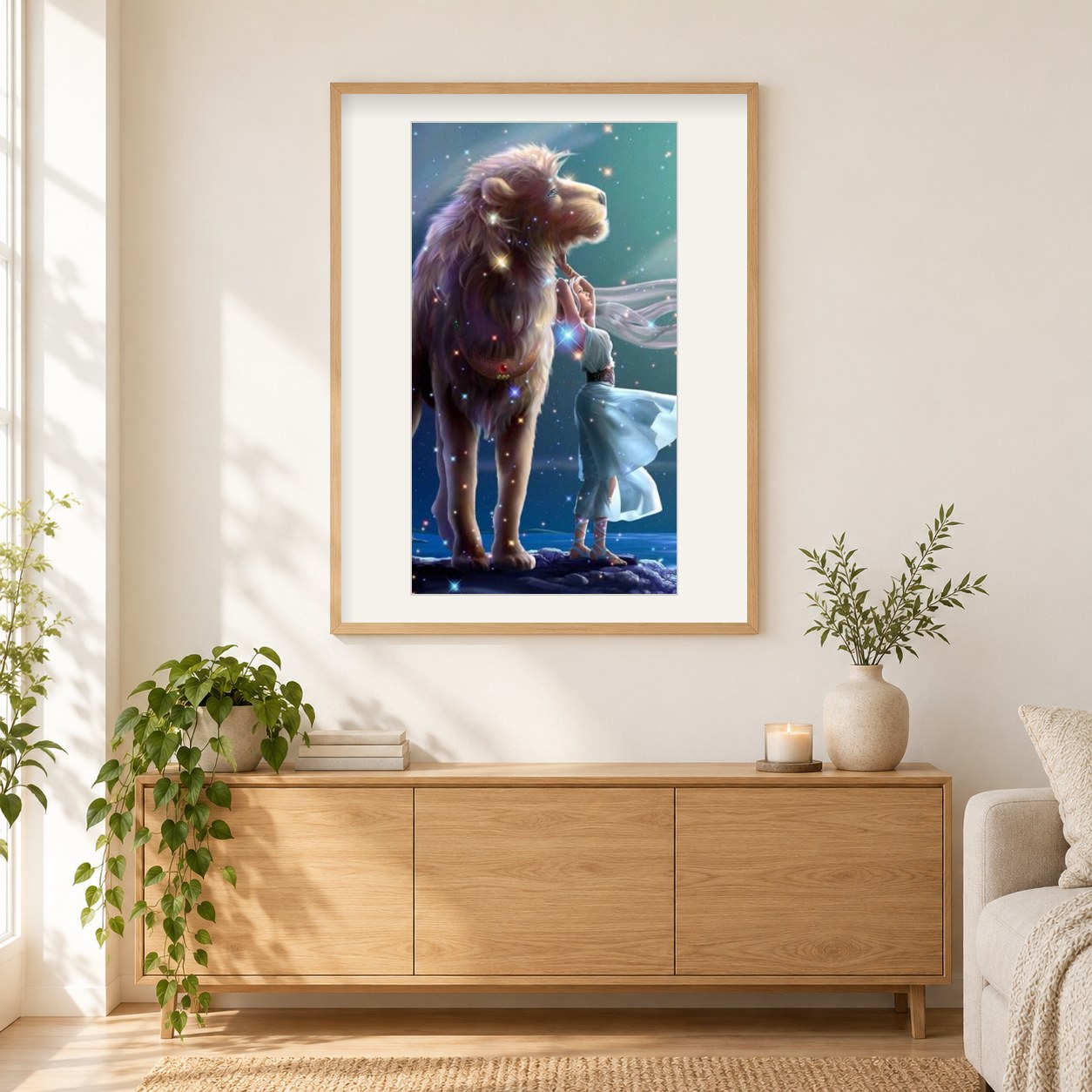 Großer Löwe & Mädchen als gerahmtes Diamond Painting im Wohnzimmer