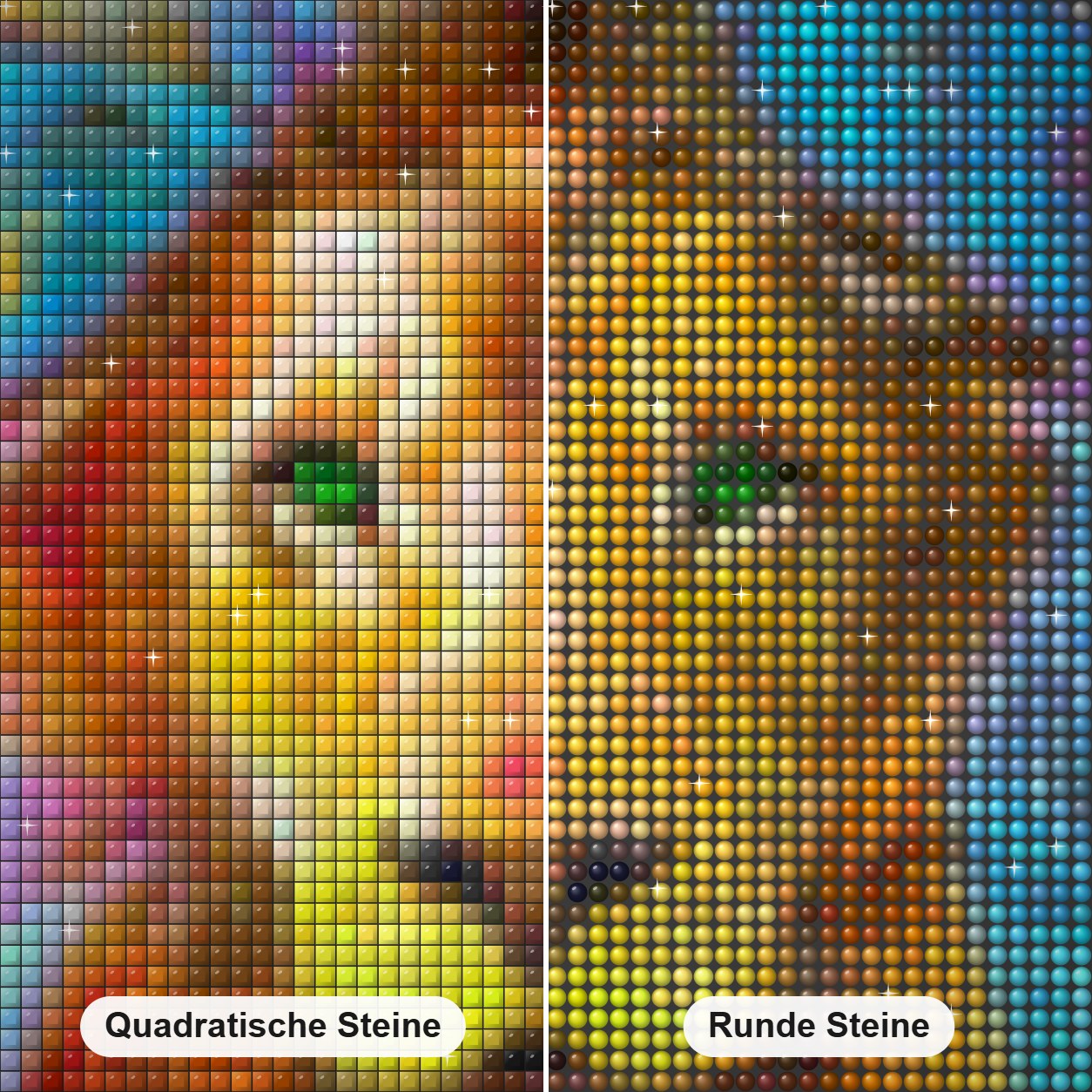 Großer Löwe mit buntem Haar Diamond Painting Nahaufnahme mit quadratischen und runden Steinen