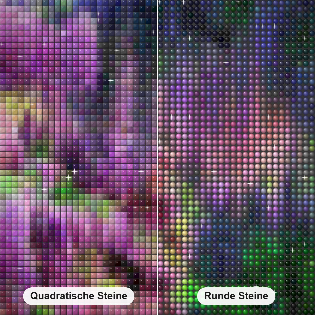 Grün & Lila Wald Diamond Painting Nahaufnahme mit quadratischen und runden Steinen