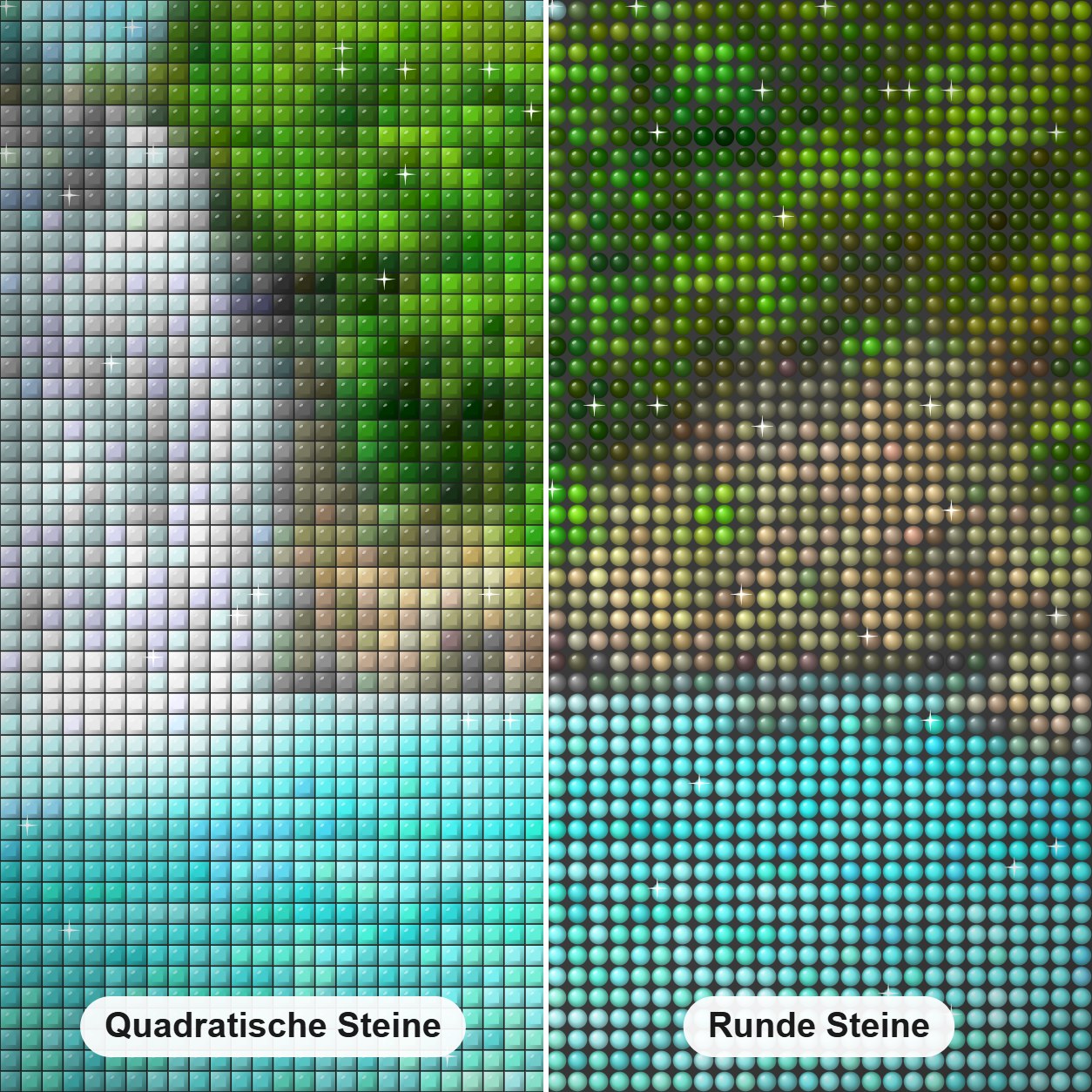 Grüne Bäume & schöner Wasserfall Diamond Painting Nahaufnahme mit quadratischen und runden Steinen