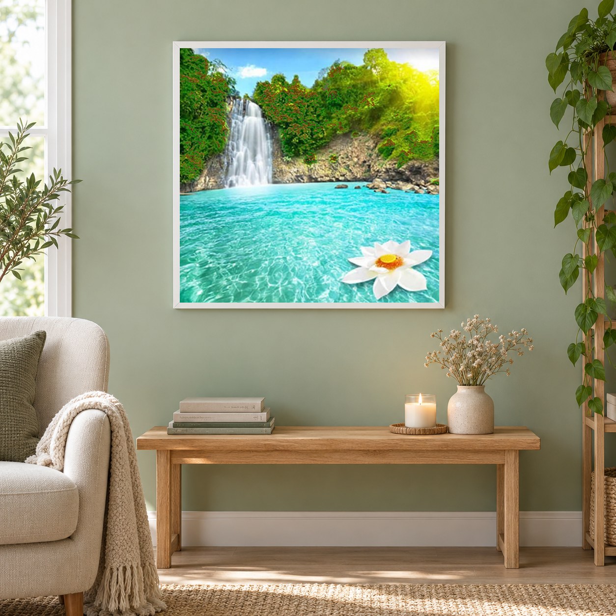 Grüne Bäume & schöner Wasserfall als gerahmtes Diamond Painting im Wohnzimmer