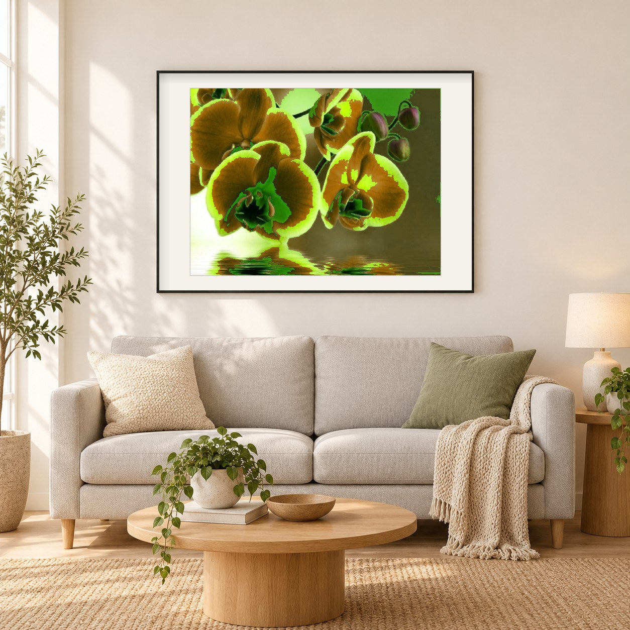 Grüne Orchideen als gerahmtes Diamond Painting im Wohnzimmer