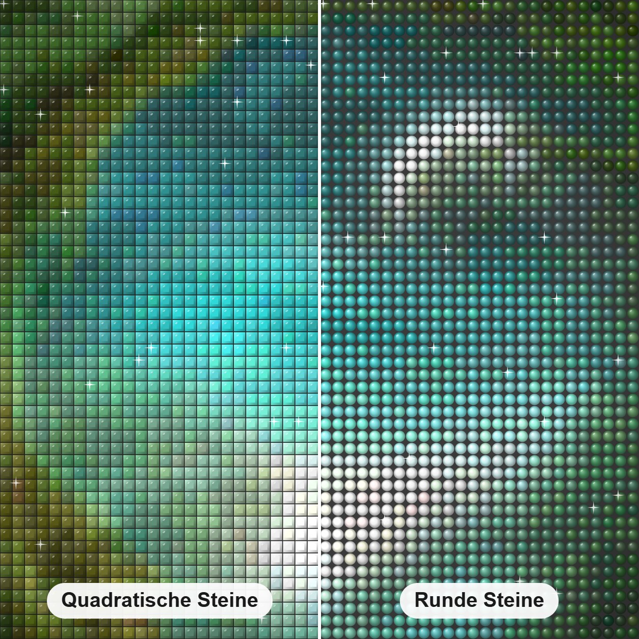 Grüner Fantasiewald Diamond Painting Nahaufnahme mit quadratischen und runden Steinen
