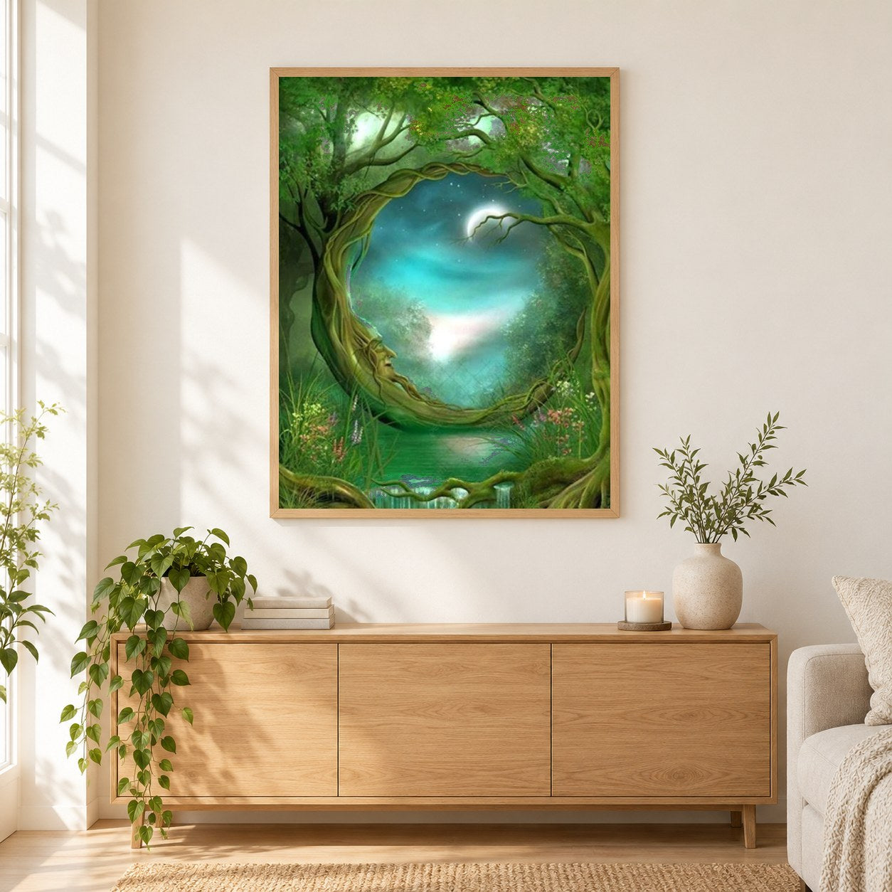 Grüner Fantasiewald als gerahmtes Diamond Painting im Wohnzimmer