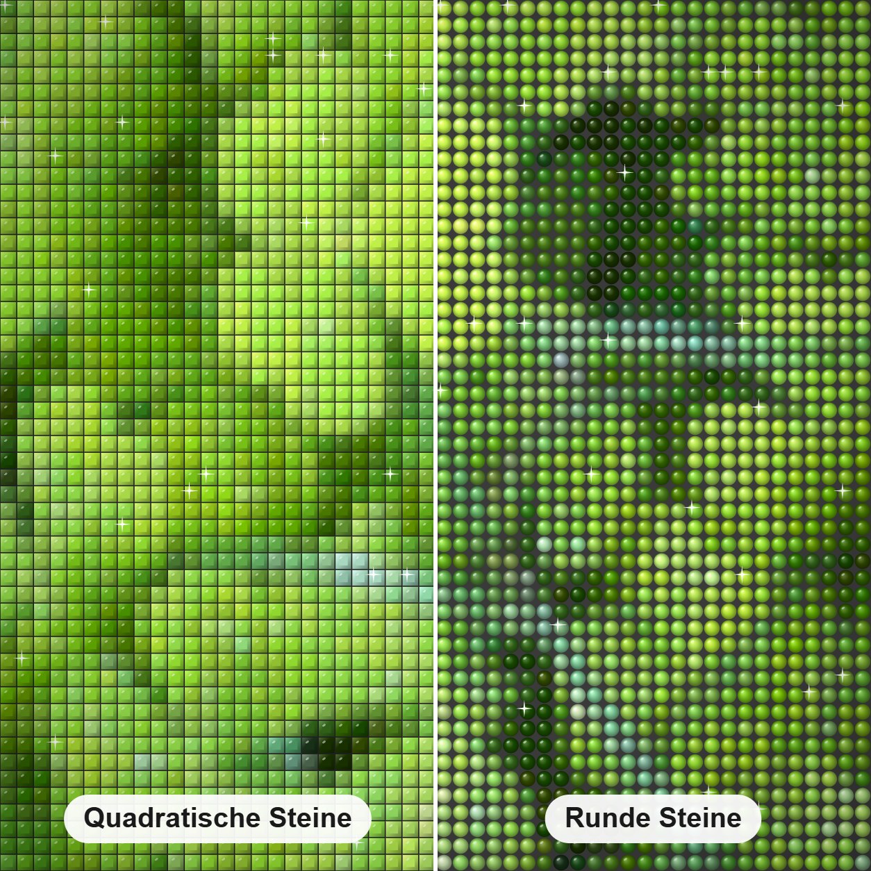 Grüner Garten Diamond Painting Nahaufnahme mit quadratischen und runden Steinen