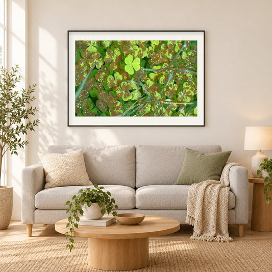 Grüner Garten als gerahmtes Diamond Painting im Wohnzimmer