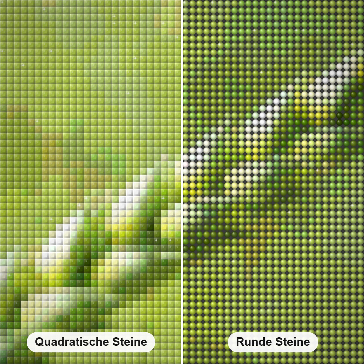 grüner Weizen Diamond Painting Nahaufnahme mit quadratischen und runden Steinen
