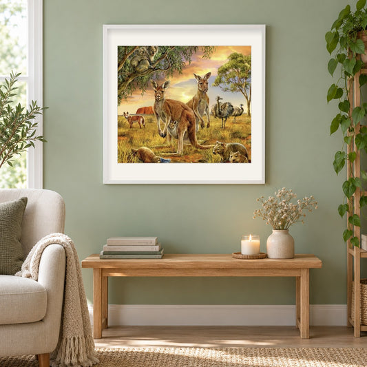 Gruppe australischer Tiere als gerahmtes Diamond Painting im Wohnzimmer