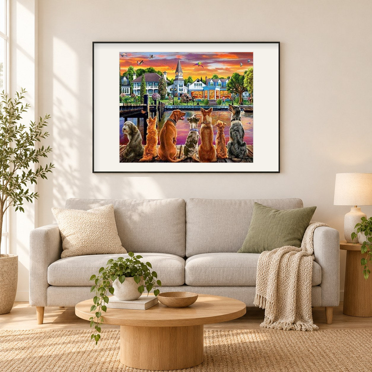Gruppe von Hunden neben dem See als gerahmtes Diamond Painting im Wohnzimmer