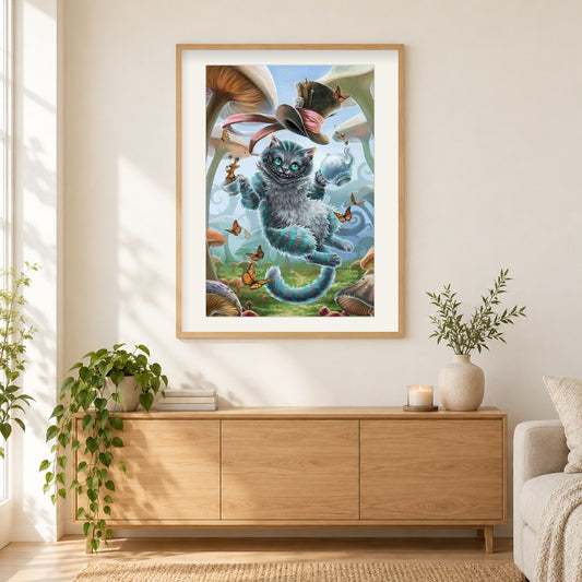 Gruselige Katzenfarbe mit Diamanten als gerahmtes Diamond Painting im Wohnzimmer
