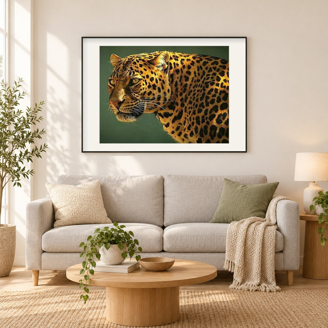 Guyana Jaguar als gerahmtes Diamond Painting im Wohnzimmer