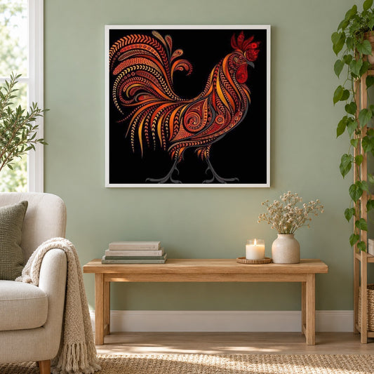 Hahn künstlerische als gerahmtes Diamond Painting im Wohnzimmer