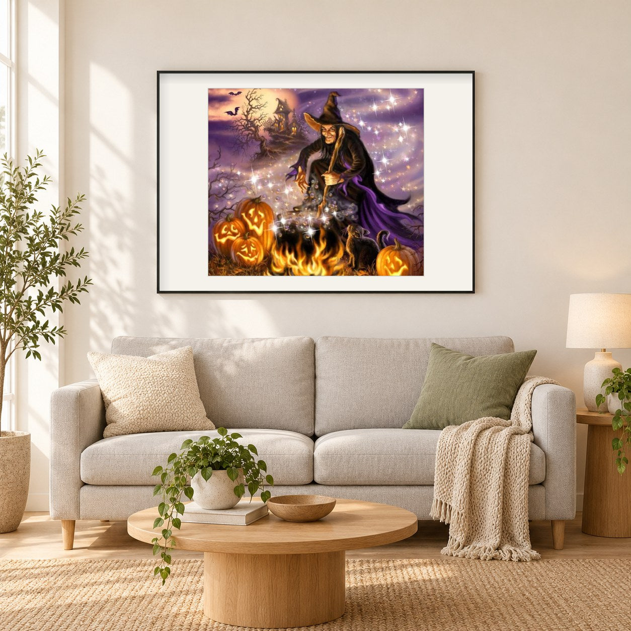 Halloween Hexe als gerahmtes Diamond Painting im Wohnzimmer