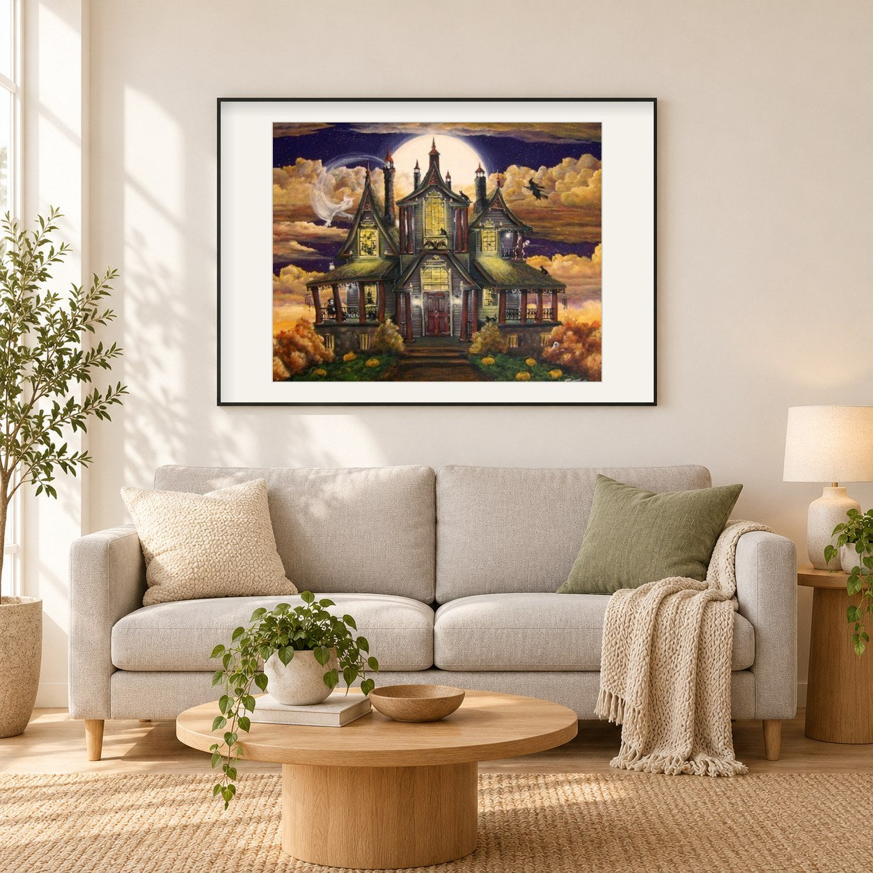 Halloween Spukhaus als gerahmtes Diamond Painting im Wohnzimmer