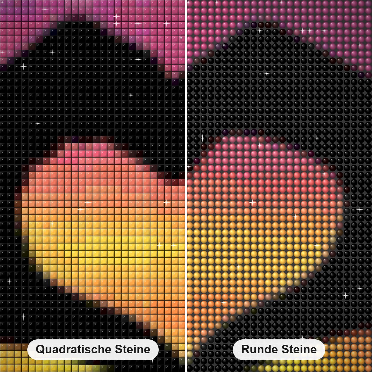 Hände Herz Diamond Painting Nahaufnahme mit quadratischen und runden Steinen