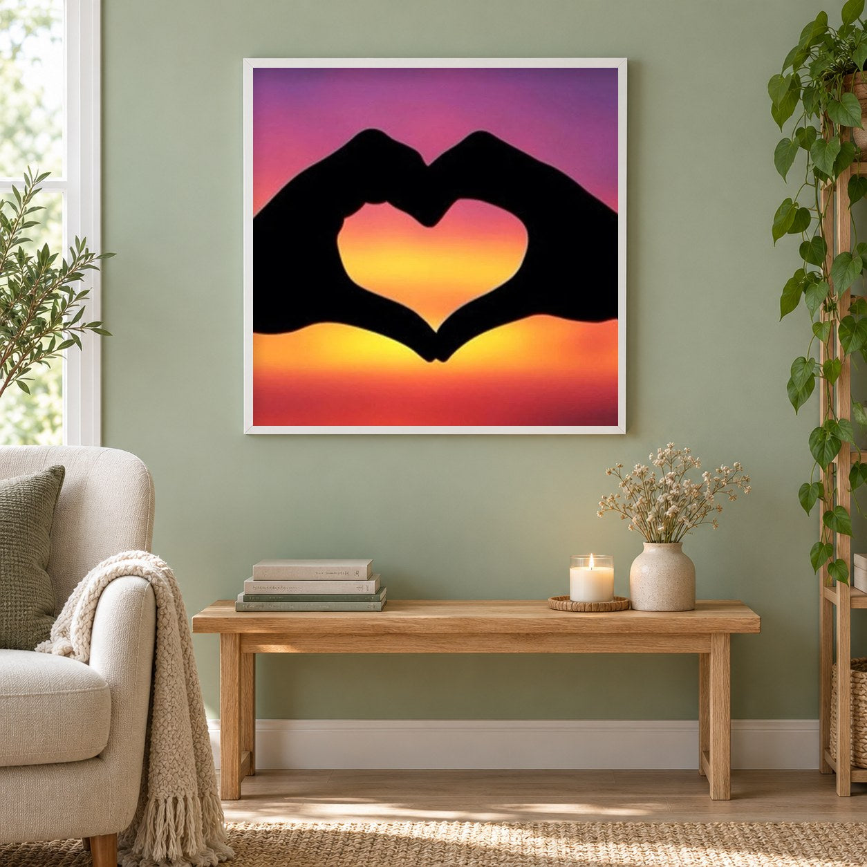 Hände Herz als gerahmtes Diamond Painting im Wohnzimmer