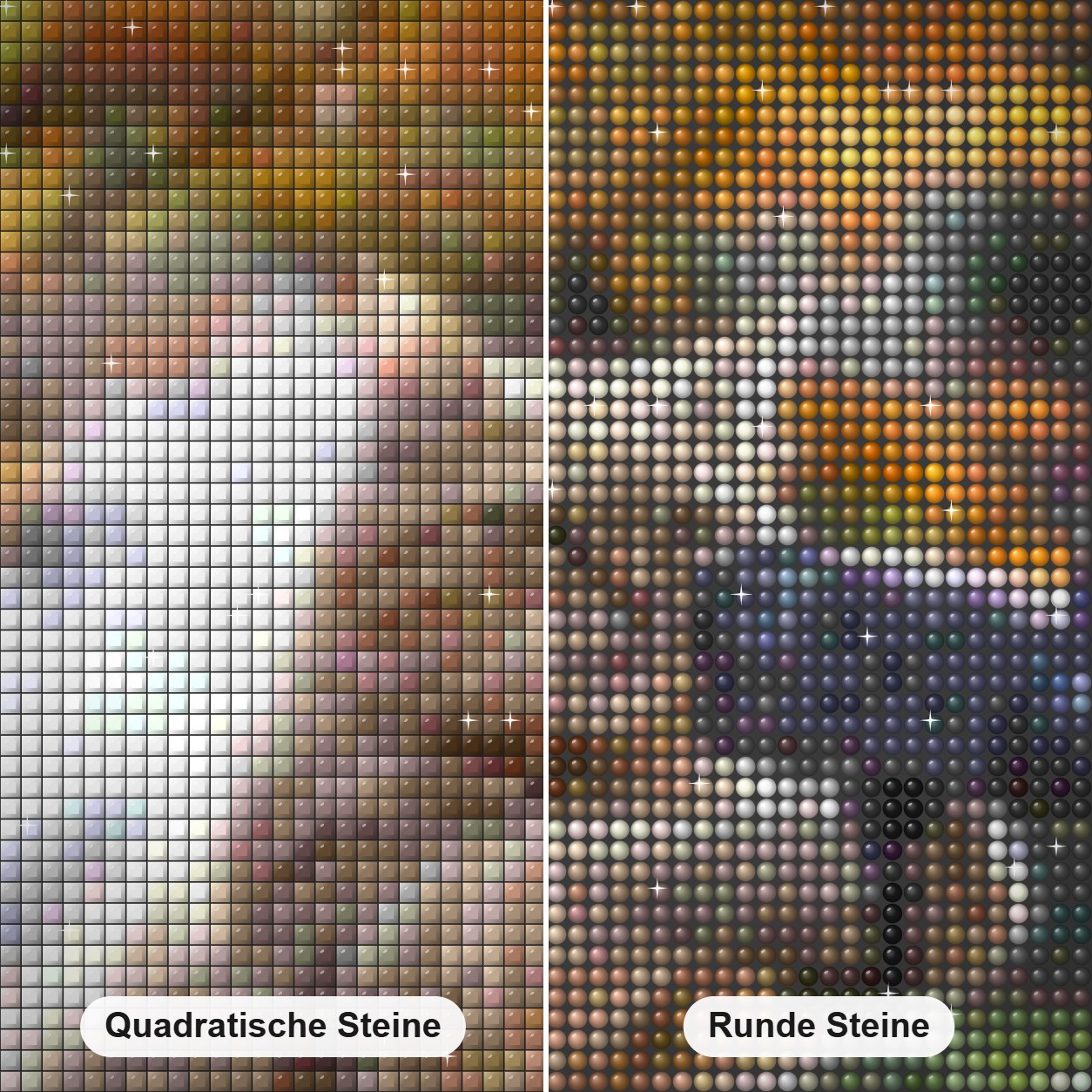 Hände hoch – Diamantkunst Diamond Painting Nahaufnahme mit quadratischen und runden Steinen
