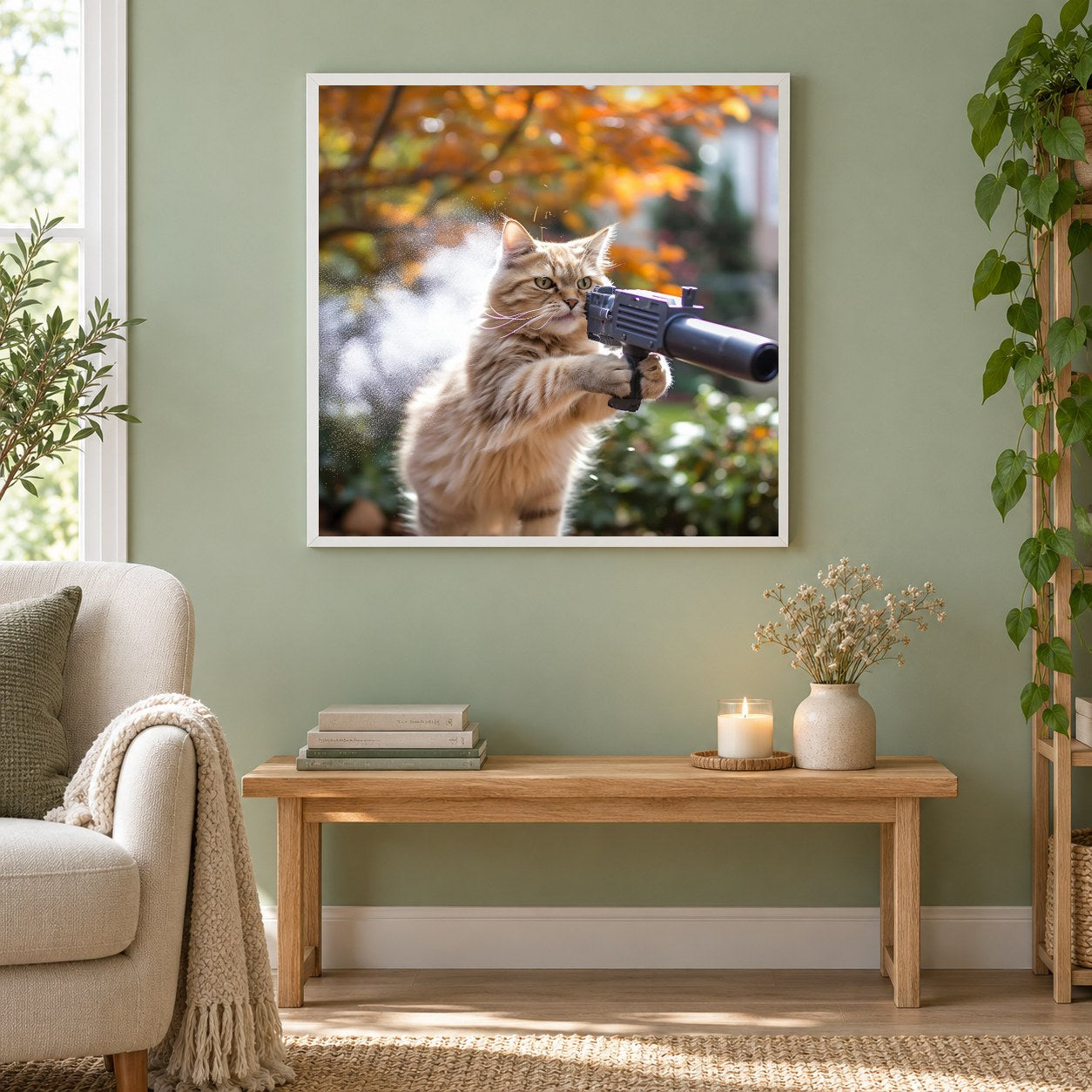Hände hoch – Diamantkunst als gerahmtes Diamond Painting im Wohnzimmer