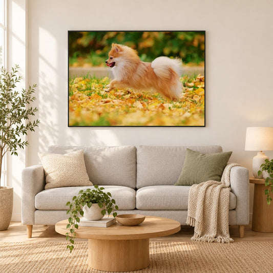Happy Pomeranian als gerahmtes Diamond Painting im Wohnzimmer