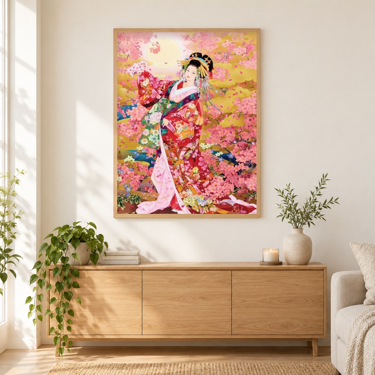 Haruyo morita als gerahmtes Diamond Painting im Wohnzimmer