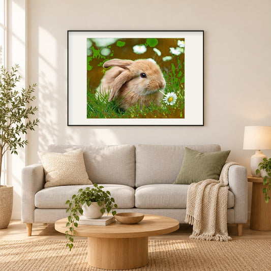 Hase mit Blume als gerahmtes Diamond Painting im Wohnzimmer