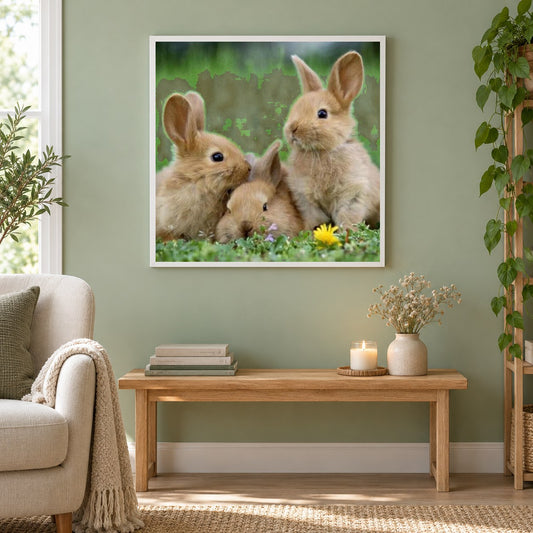 Hasen auf der Wiese als gerahmtes Diamond Painting im Wohnzimmer