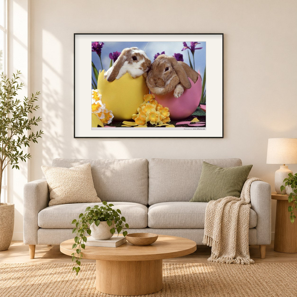 Hasen in Ostereiern als gerahmtes Diamond Painting im Wohnzimmer