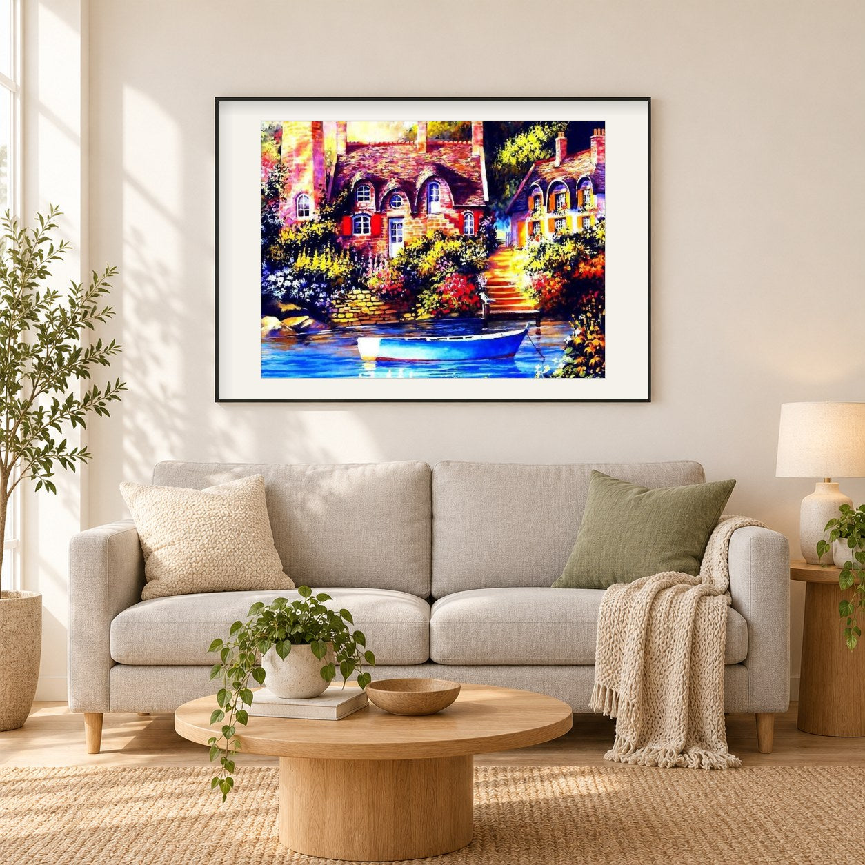 Haus am See & Boot als gerahmtes Diamond Painting im Wohnzimmer