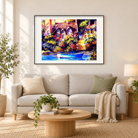 Haus am See & Boot als gerahmtes Diamond Painting im Wohnzimmer