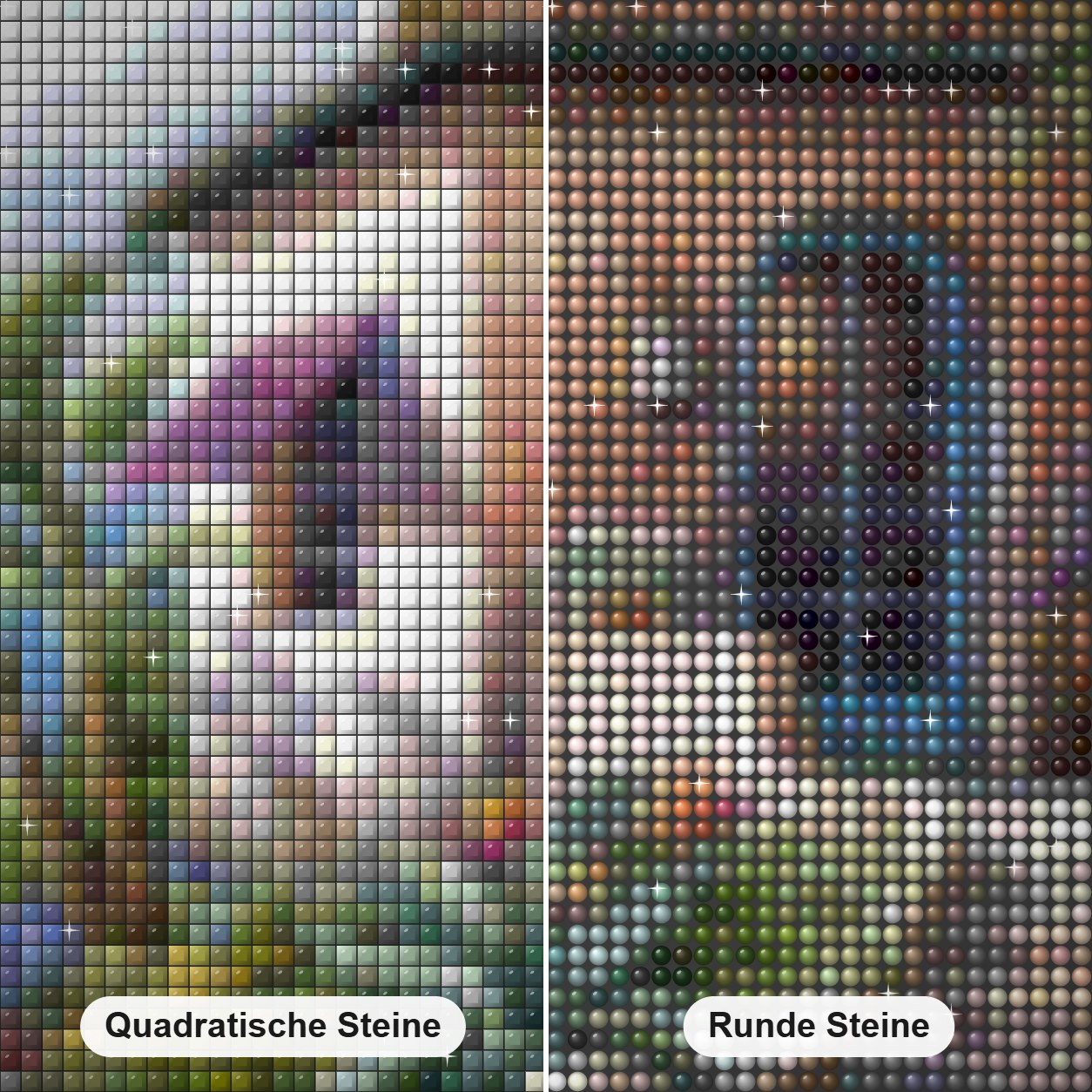 Haus mit Garten am Meer Diamond Painting Nahaufnahme mit quadratischen und runden Steinen