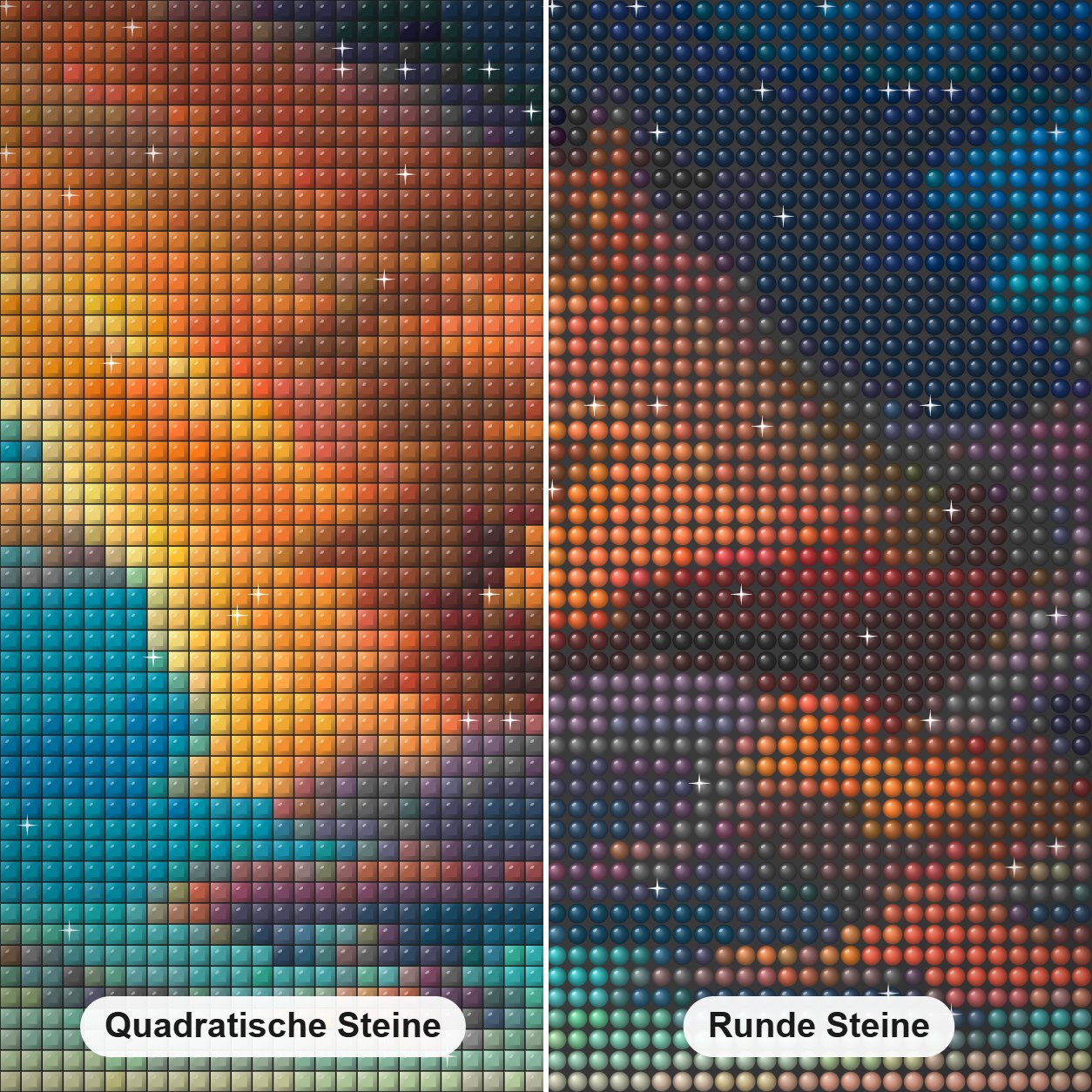 Himmel Feuer - Kunst des Jonn Einerssen Diamond Painting Nahaufnahme mit quadratischen und runden Steinen