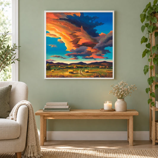 Himmel Feuer - Kunst des Jonn Einerssen als gerahmtes Diamond Painting im Wohnzimmer