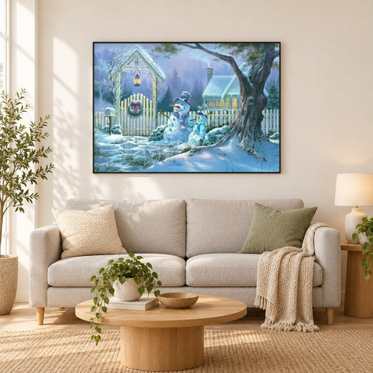 Heiligabend & Schneemänner als gerahmtes Diamond Painting im Wohnzimmer