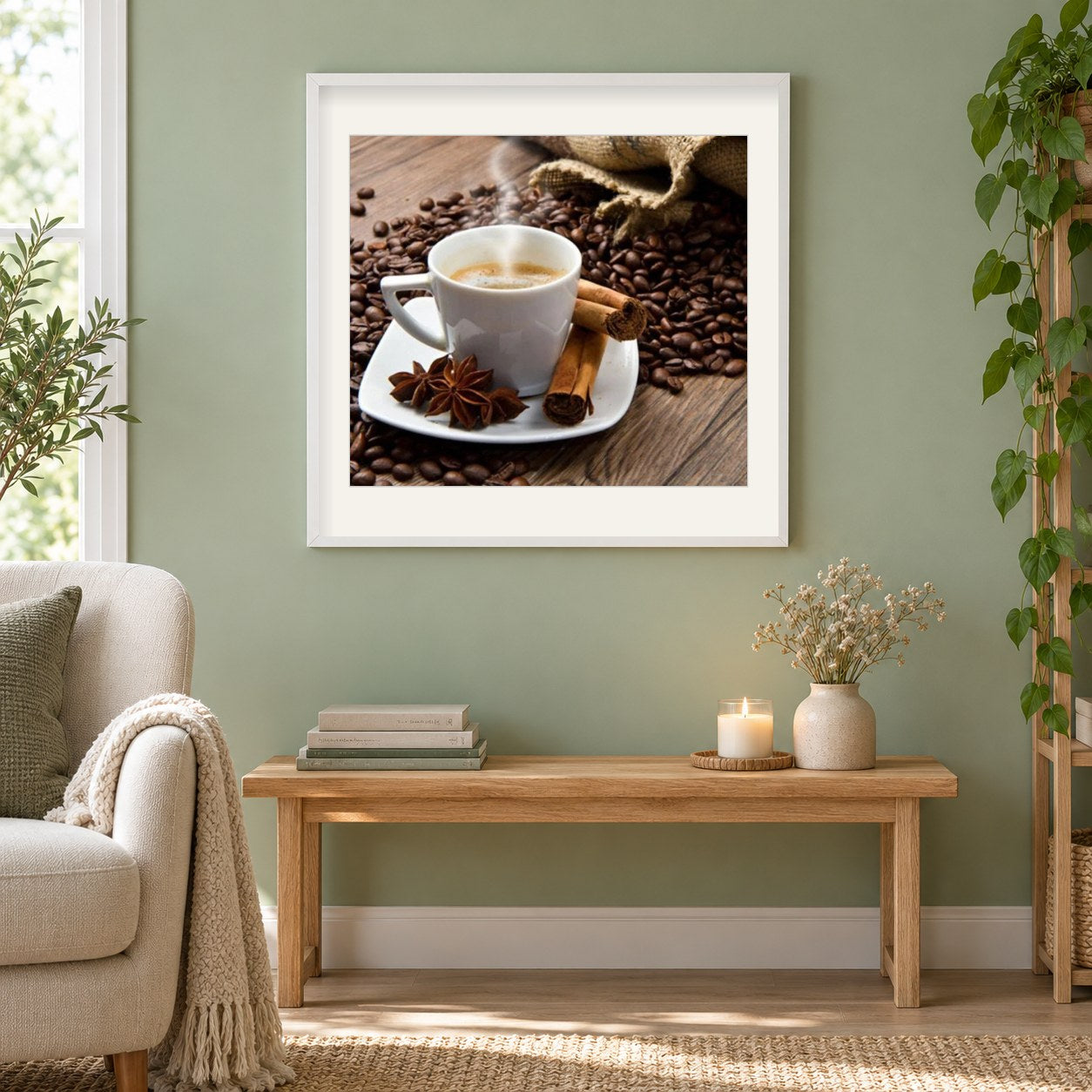 Heißer Kaffee dämpfen als gerahmtes Diamond Painting im Wohnzimmer