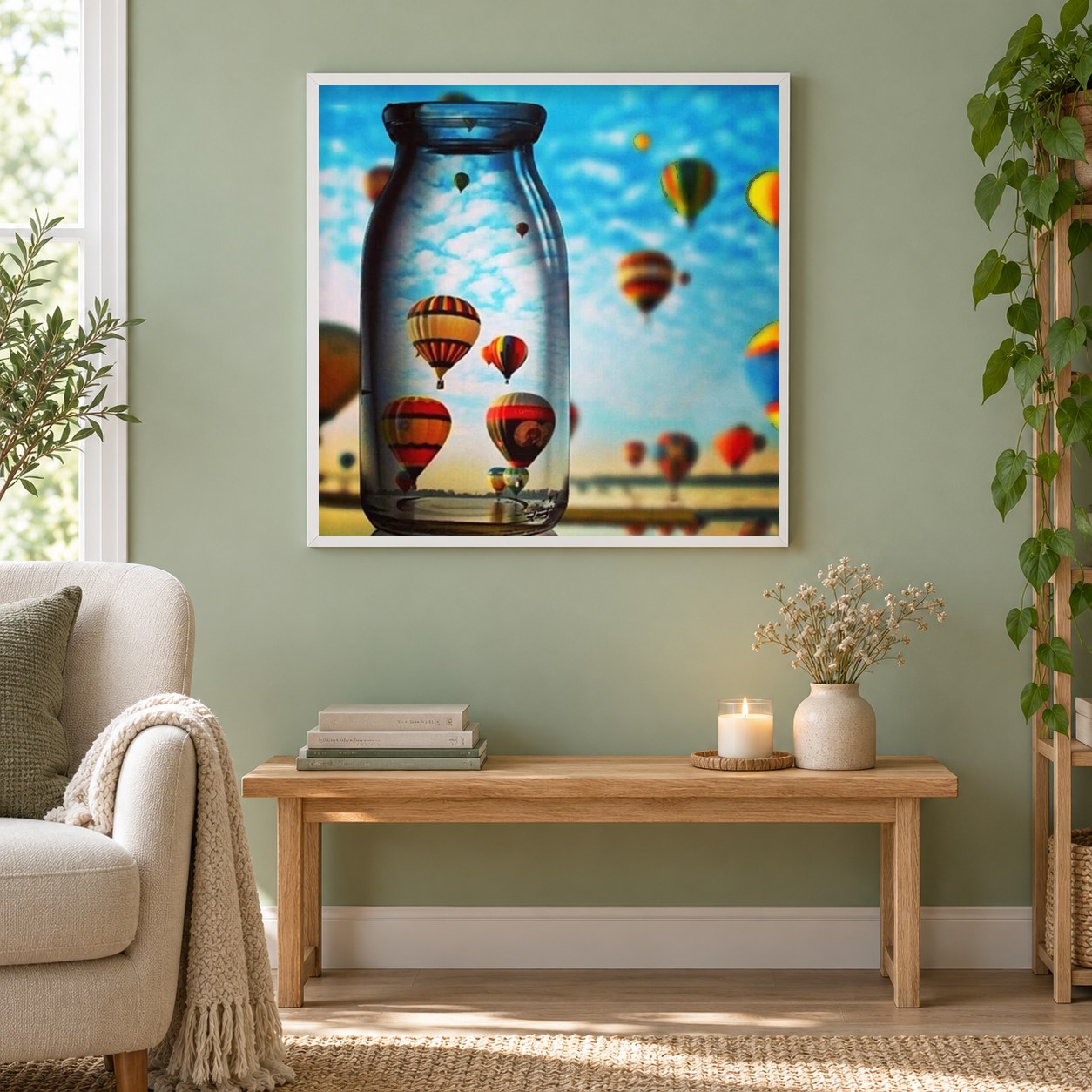 Heißluftballons als gerahmtes Diamond Painting im Wohnzimmer