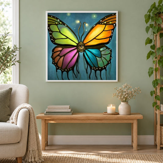 Heller farbiger beobachtender Schmetterling als gerahmtes Diamond Painting im Wohnzimmer