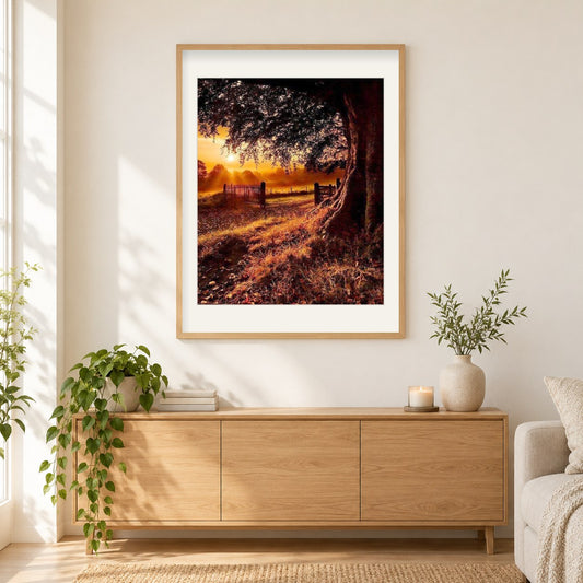 Herbst Abendlandschaft als gerahmtes Diamond Painting im Wohnzimmer