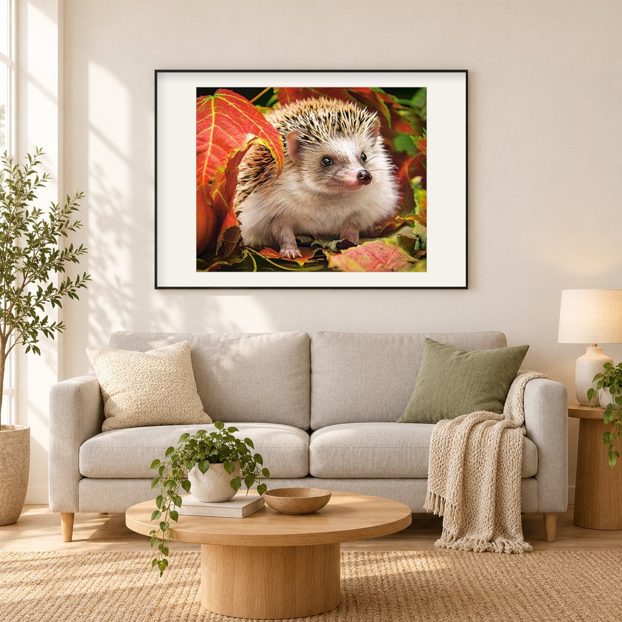 Herbst Igel als gerahmtes Diamond Painting im Wohnzimmer
