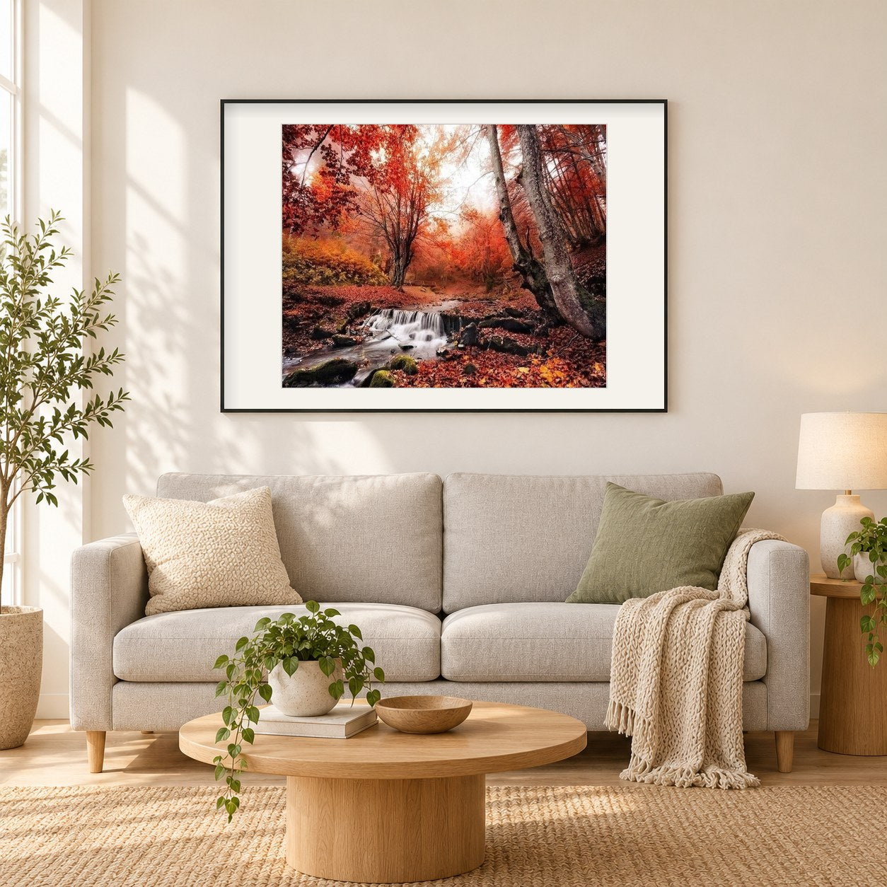 Herbst Wald Landschaftsmalerei als gerahmtes Diamond Painting im Wohnzimmer
