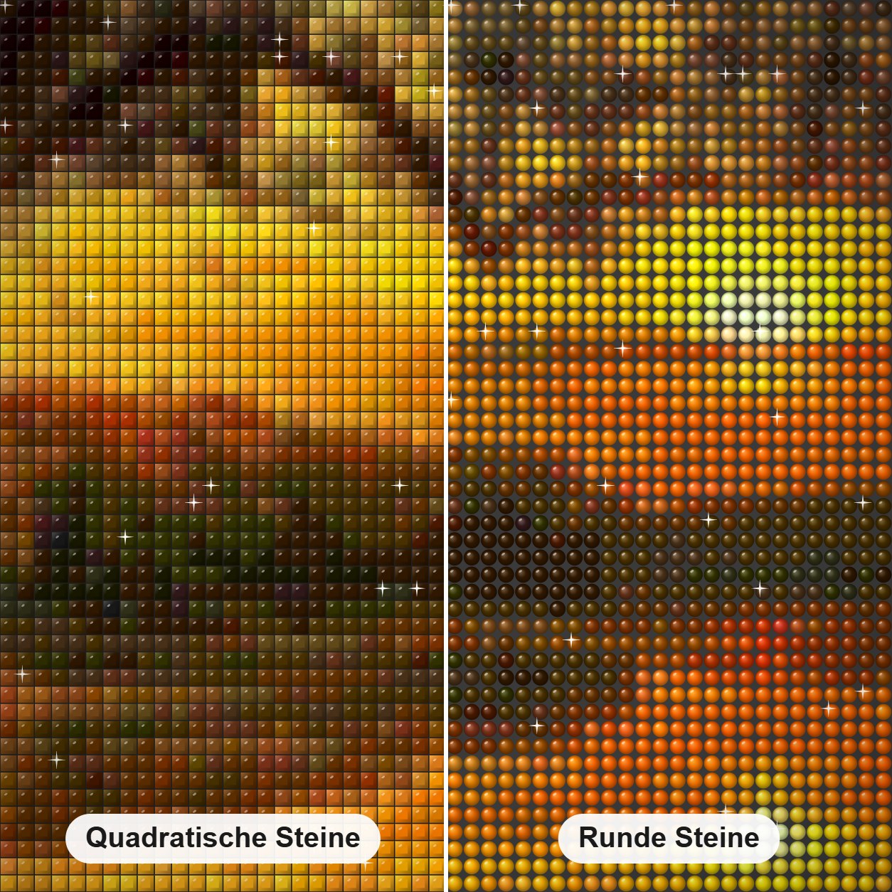 Herbstabend & untergehende Sonne Diamond Painting Nahaufnahme mit quadratischen und runden Steinen