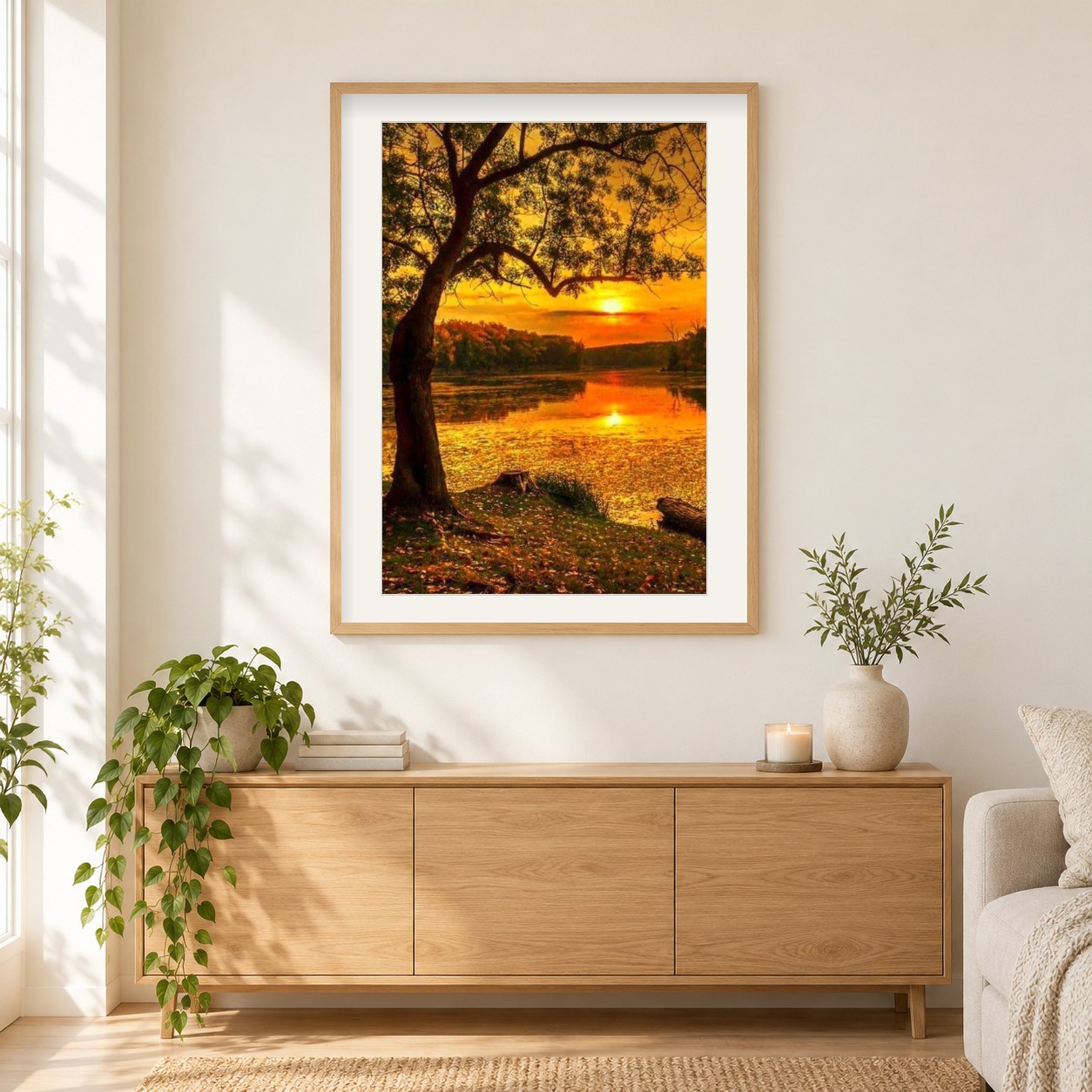 Herbstabend & untergehende Sonne als gerahmtes Diamond Painting im Wohnzimmer