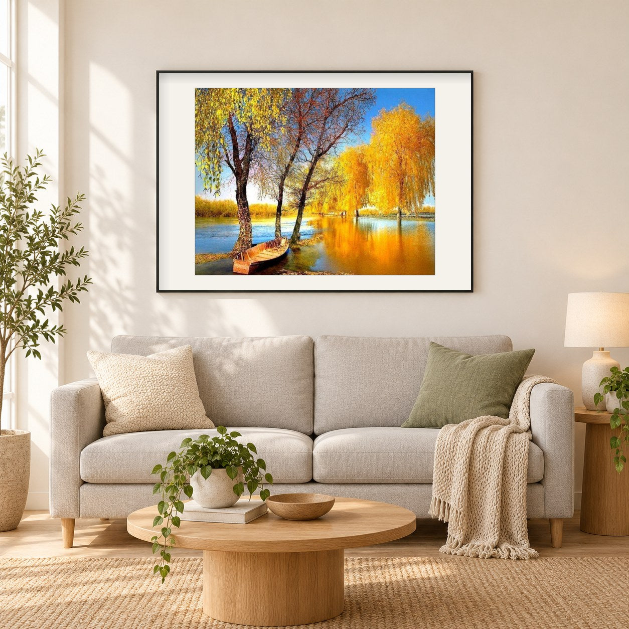 Herbstbäume & Bootsmalerei Kit als gerahmtes Diamond Painting im Wohnzimmer