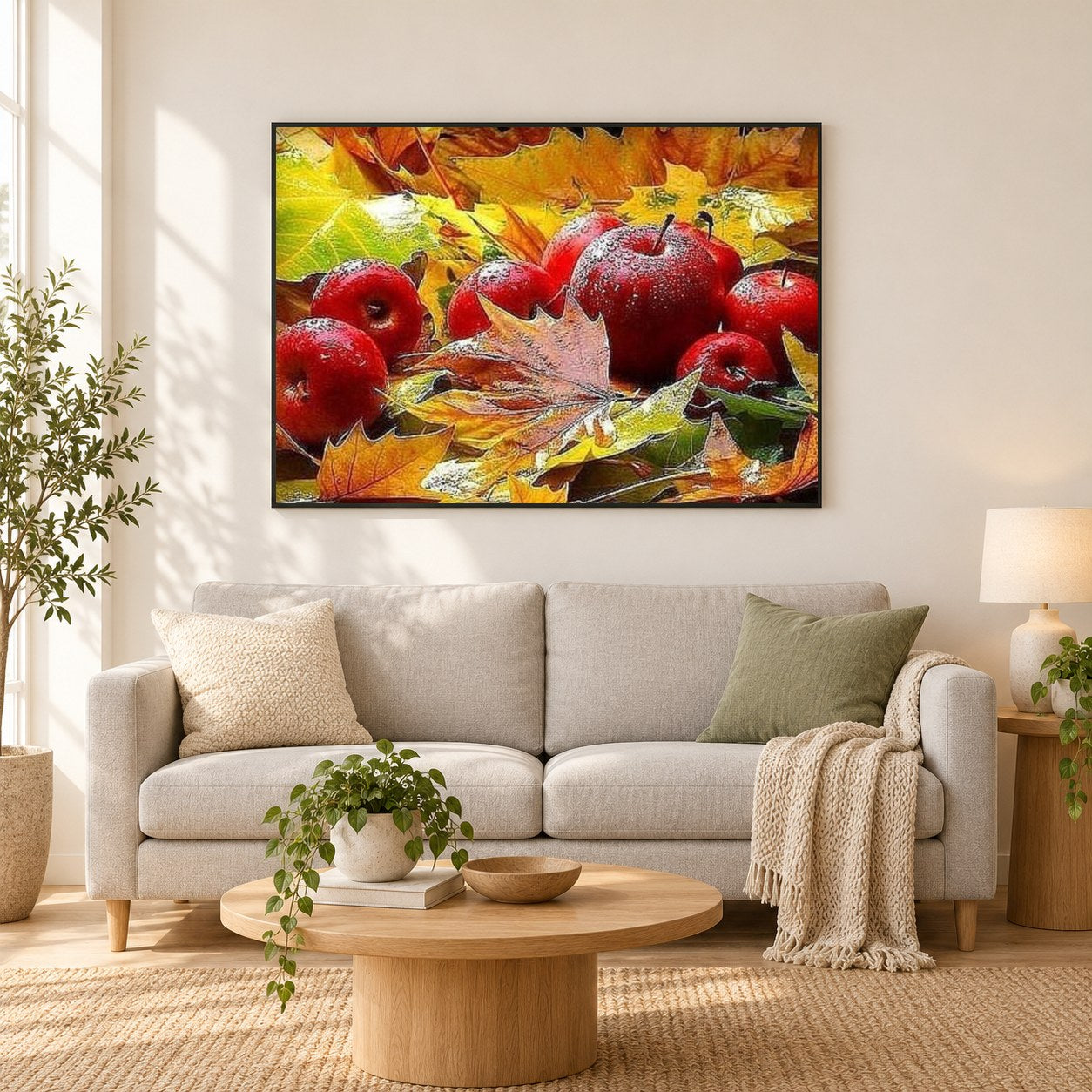 Herbstblätter und Früchte als gerahmtes Diamond Painting im Wohnzimmer